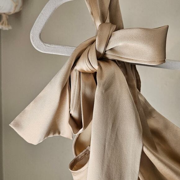 RETROFÊTE Nadia One-shoulder Ruched Stretch-Silk Satin Mini Dress Sz L Champaign - Picture 11 of 14